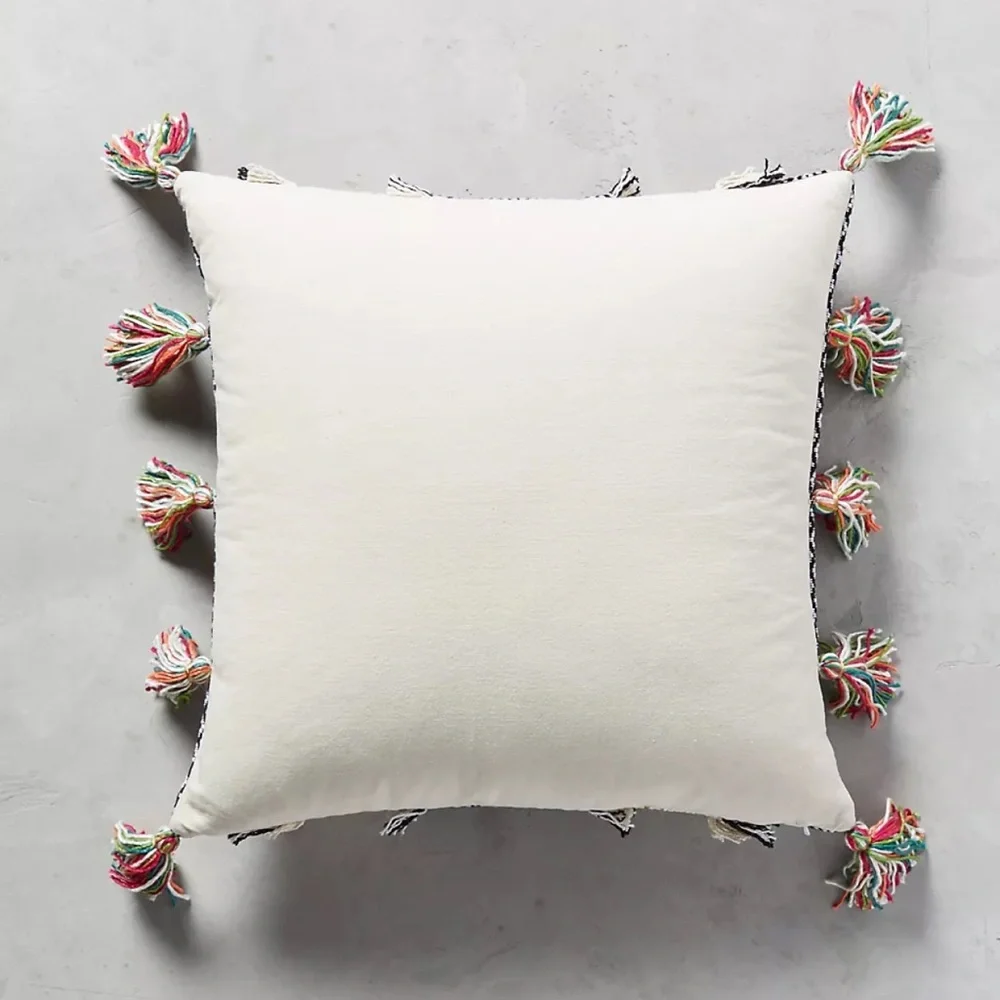 Anthropologie | Tasseled Retrograde Pillow Black Ivory Gold Embroidered